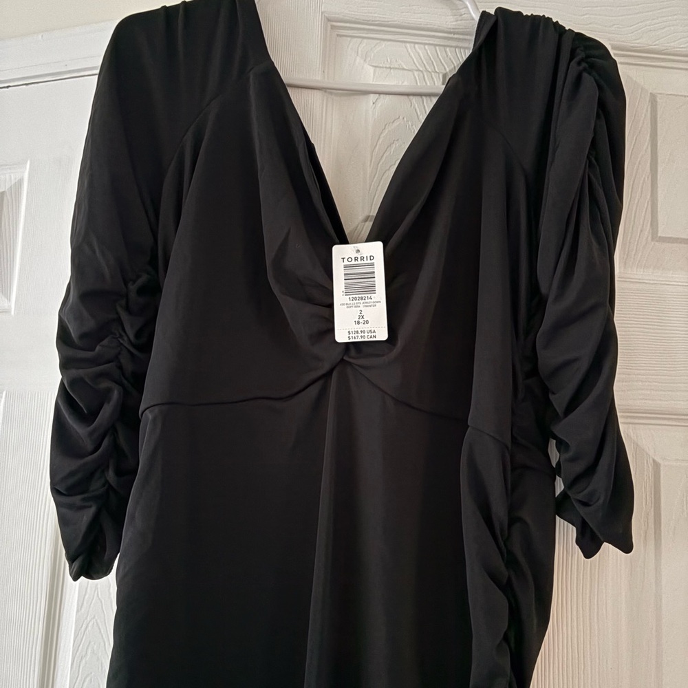 Torrid Black V-Neck Dress with Ruched Sleeves